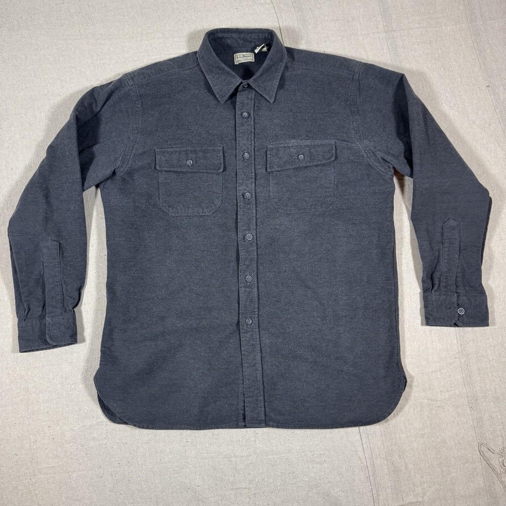 LL Bean Button Up Shirt Mens Large Gray Traditional Fit Chamois Cloth Flannel